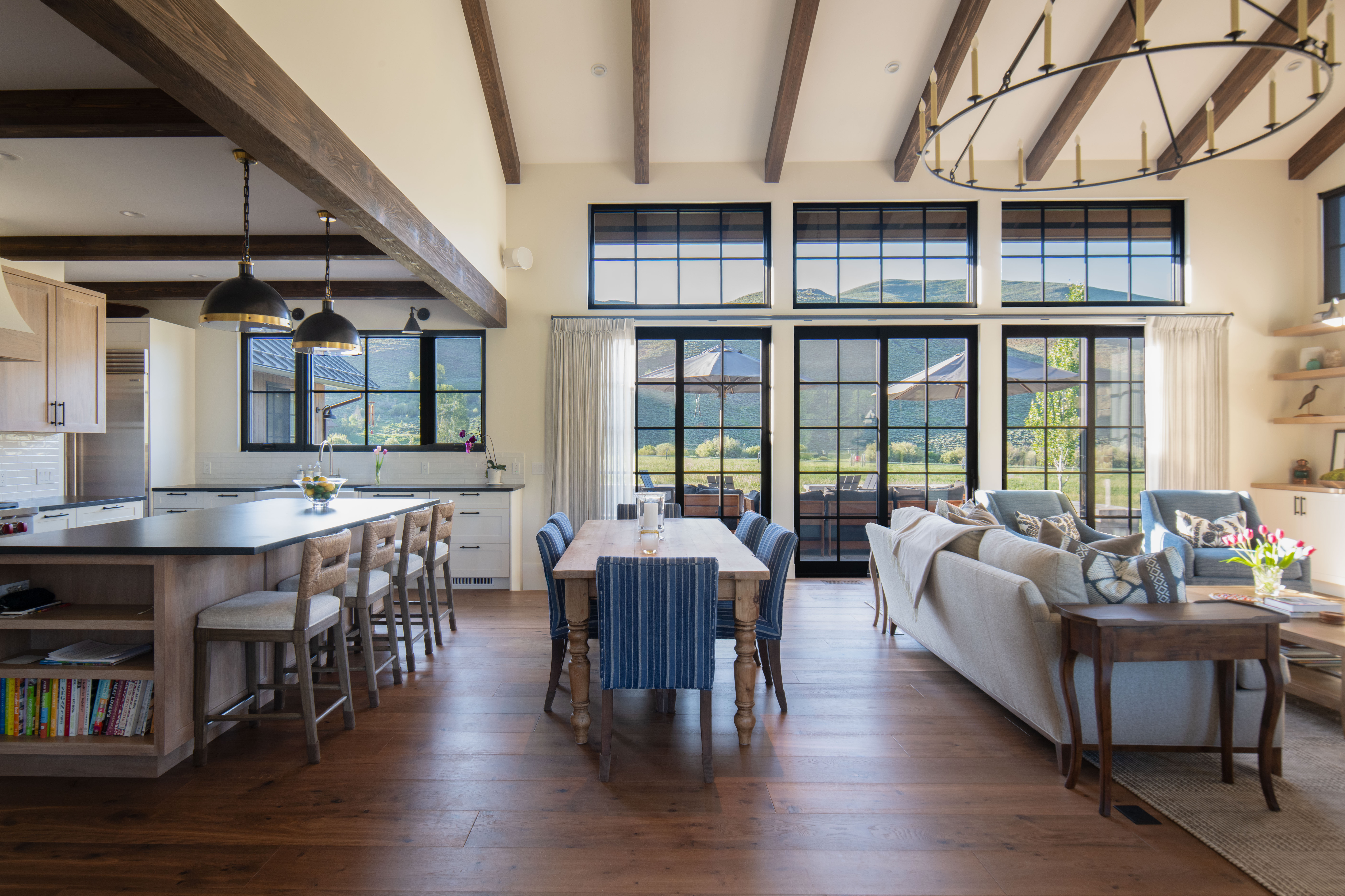 Photo of living, dining and kitchen. Process, planning, construction